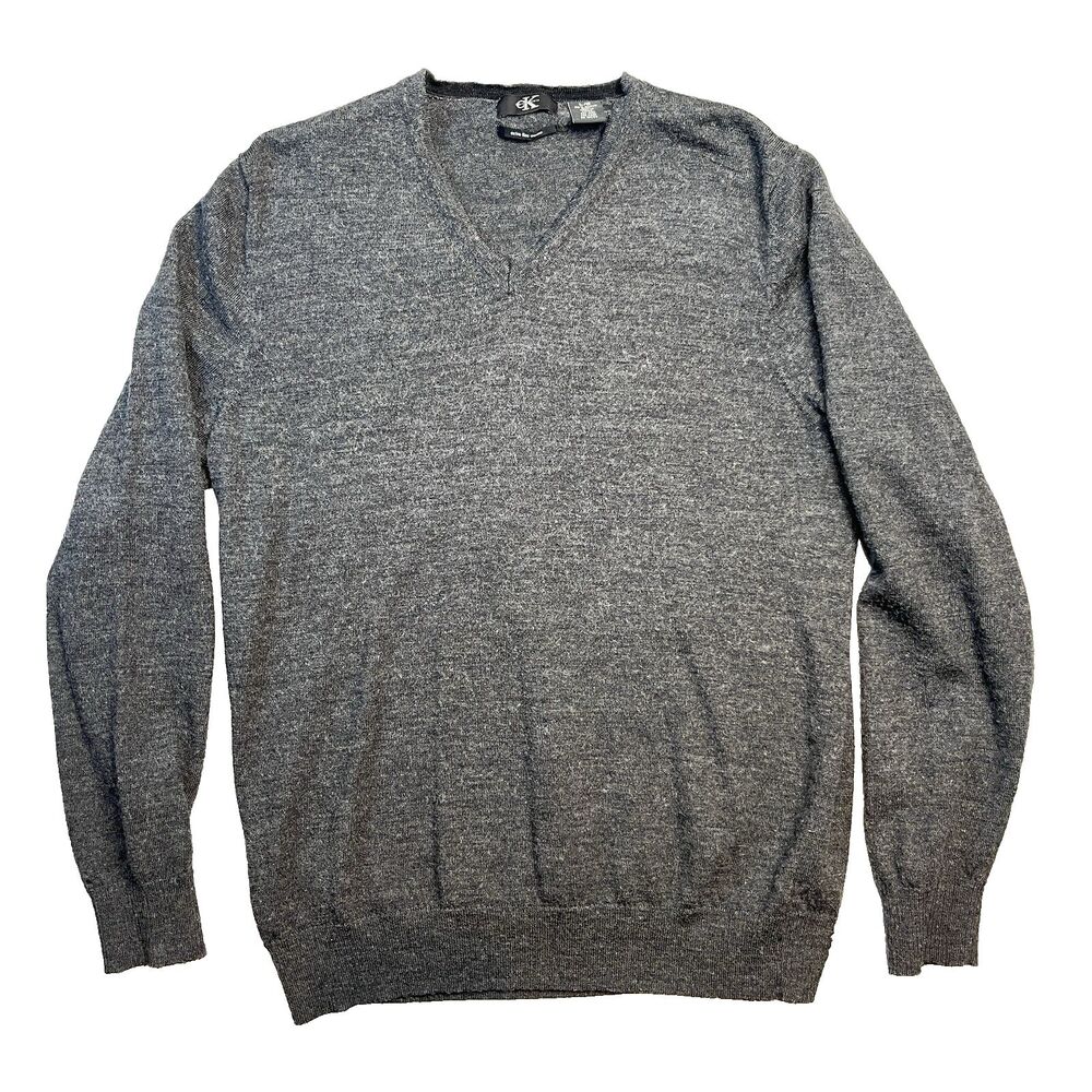 Calvin Klein Men’s V Neck Grey 100% Merino‎ WOOL Sweater Pullover Large